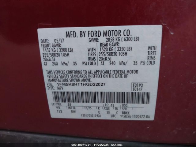 1FM5K8HT1HGD22027 Ford Explorer Platinum