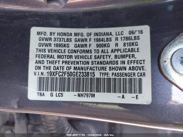 Honda Civic Lx 2016 19XFC2F50GE233815 Image 9