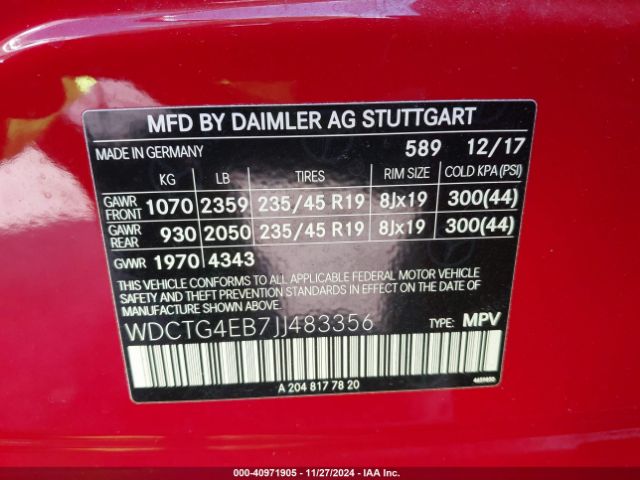 WDCTG4EB7JJ483356 Mercedes-Benz GLA 250