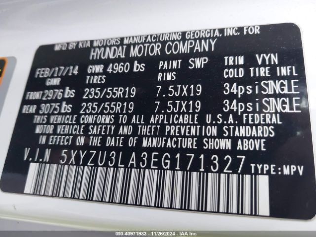 5XYZU3LA3EG171327 Hyundai Santa Fe Sport 2.0l Turbo
