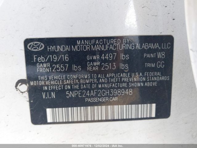 5NPE24AF2GH398948 Hyundai Sonata