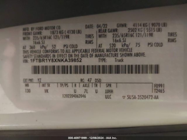 1FTBR1Y8XNKA39852 Ford Transit-250 Cargo Van