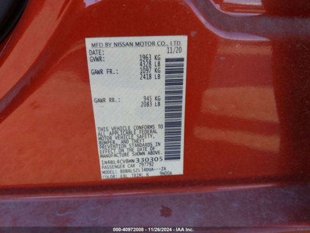1N4BL4CV8MN330305 Nissan Altima Sr Fwd