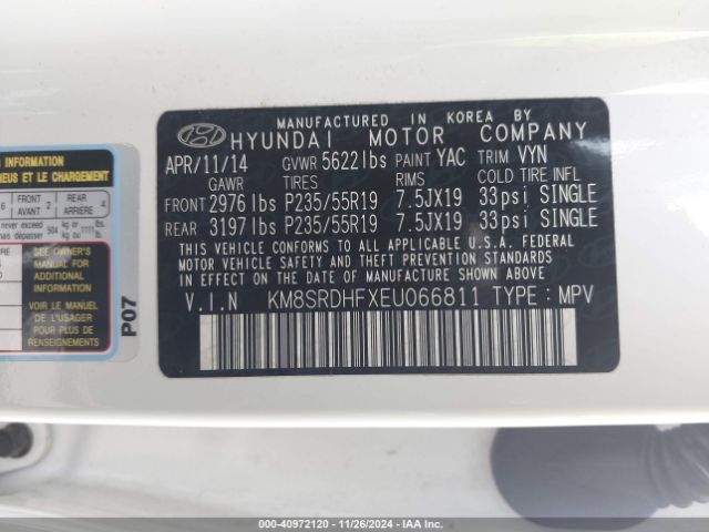 KM8SRDHFXEU066811 Hyundai Santa Fe Limited