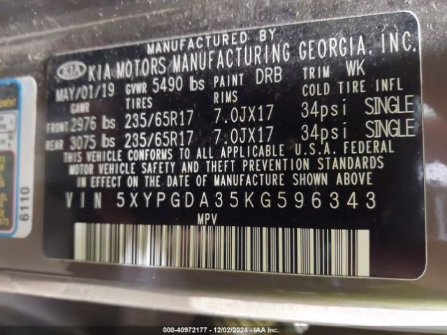 5XYPGDA35KG596343 KIA Sorento 2.4l Lx