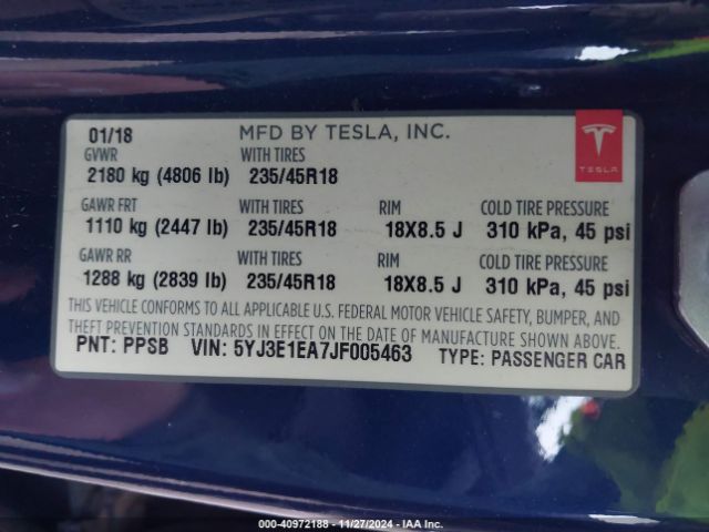 5YJ3E1EA7JF005463 Tesla Model 3 Long Range/mid Range