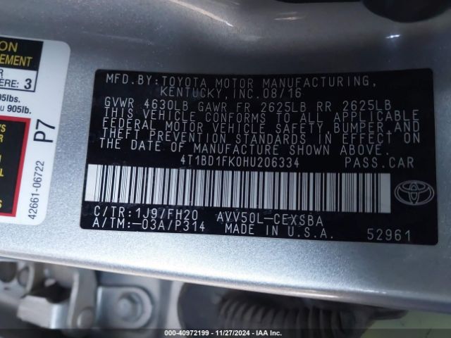4T1BD1FK0HU206334 Toyota Camry Hybrid Se