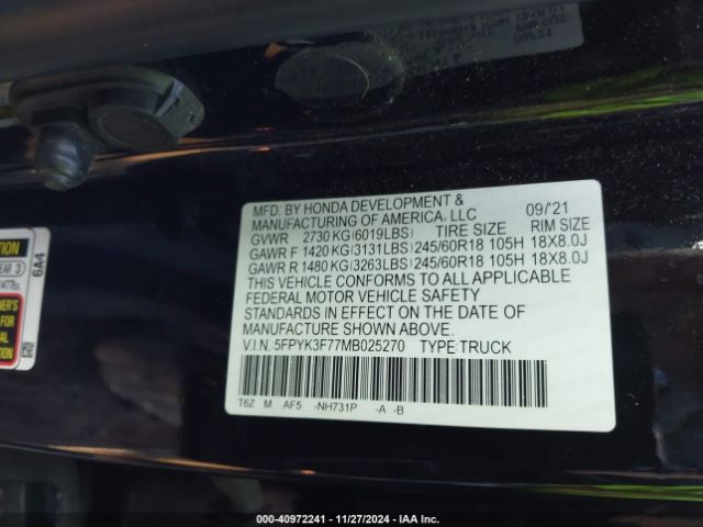 5FPYK3F77MB025270 Honda Ridgeline Rtl-e