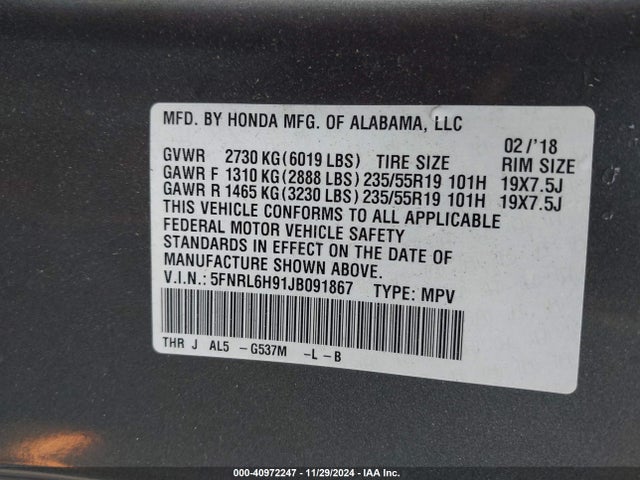 5FNRL6H91JB091867 Honda Odyssey Elite