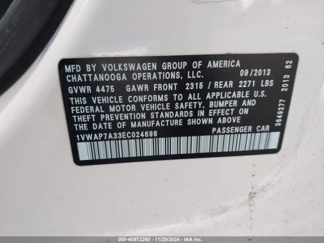 1VWAP7A33EC024698 Volkswagen Passat 2.5l S