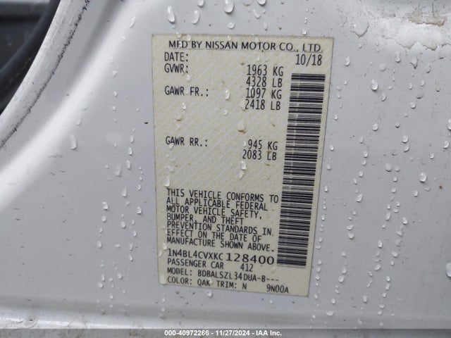 Nissan Altima 2.5 Sr 2019 1N4BL4CVXKC128400 Image 9