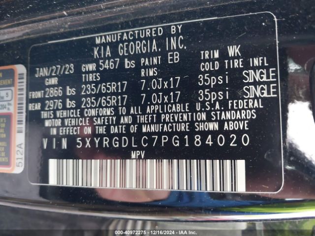 5XYRGDLC7PG184020 KIA SORENTO LX
