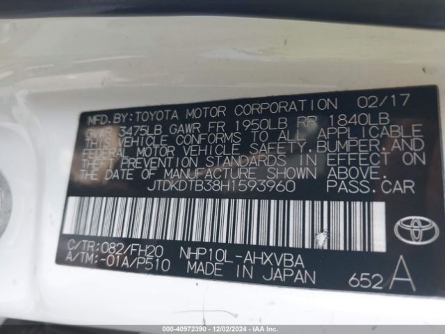 JTDKDTB38H1593960 Toyota Prius C One