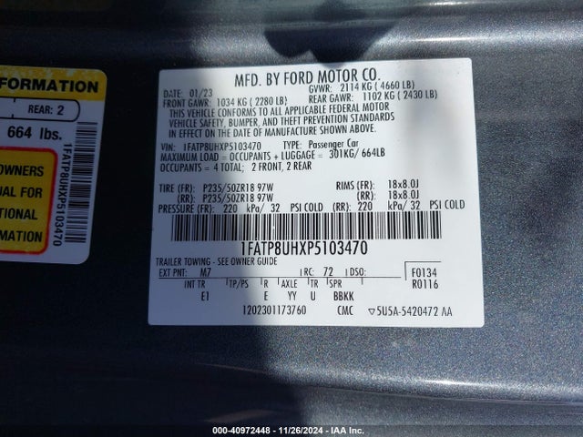 Продаж на аукціоні авто 2023 Ford Mustang Ecoboost Premium, vin: 1FATP8UHXP5103470, номер лоту: 40972448