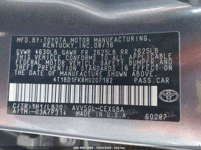 4T1BD1FK8HU207182 Toyota Camry Hybrid Xle