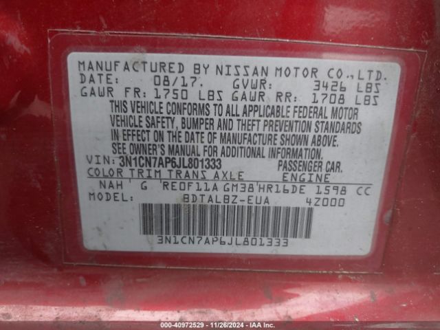 3N1CN7AP6JL801333 Nissan Versa 1.6 Sv