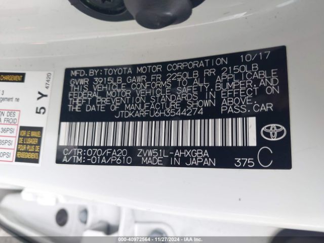 JTDKARFU6H3544274 Toyota Prius Three