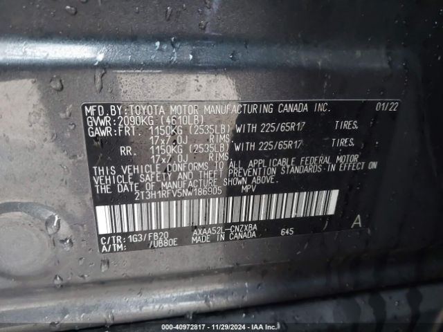 2T3H1RFV5NW186905 Toyota RAV4 LE