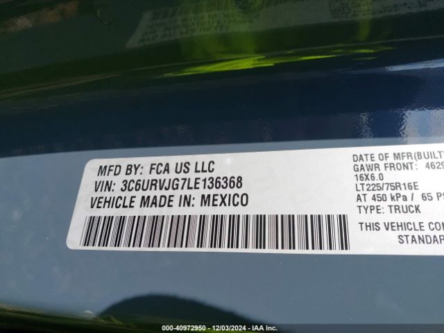 3C6URVJG7LE136368 RAM Promaster 3500 Cargo Van High Roof 159 Wb Ext