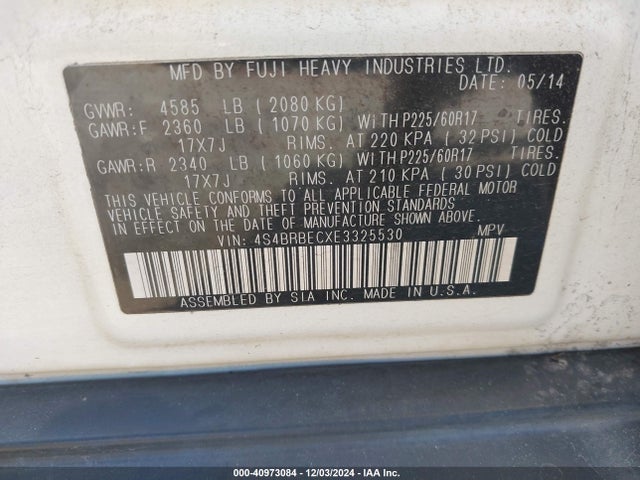 Subaru Outback 2.5i Premium 2014 4S4BRBECXE3325530 Image 9