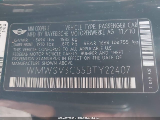 2011 MINI COOPER S WMWSV3C55BTY22407 Photo 8