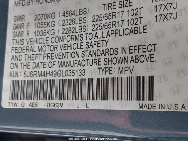 5J6RM4H49GL035133 Honda CR-V SE