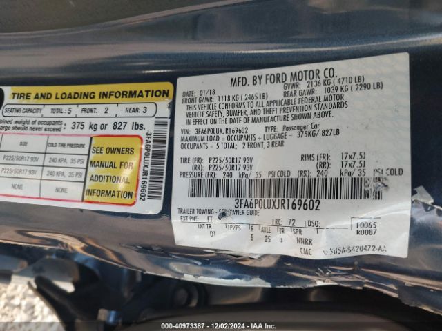 3FA6P0LUXJR169602 Ford Fusion Hybrid Se