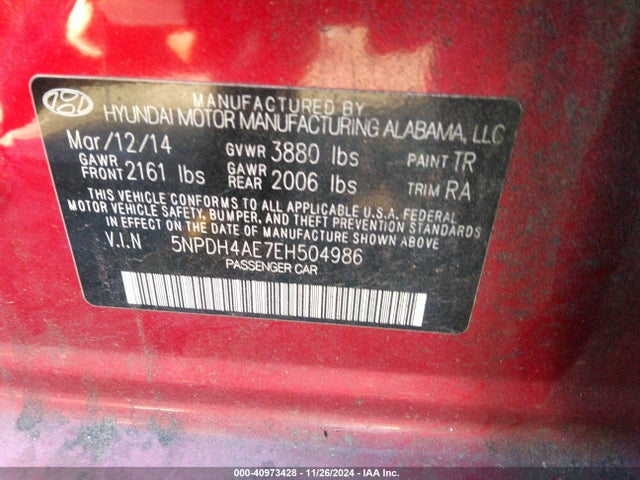 Hyundai ELANTRA SE 2014 5NPDH4AE7EH504986 Image 9