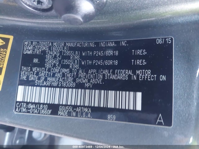 Toyota Highlander Xle V6 2015 5TDJKRFH8FS183069 Image 9