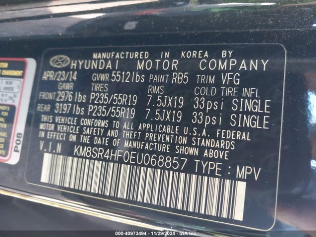 KM8SR4HF0EU068857 Hyundai Santa Fe Gls