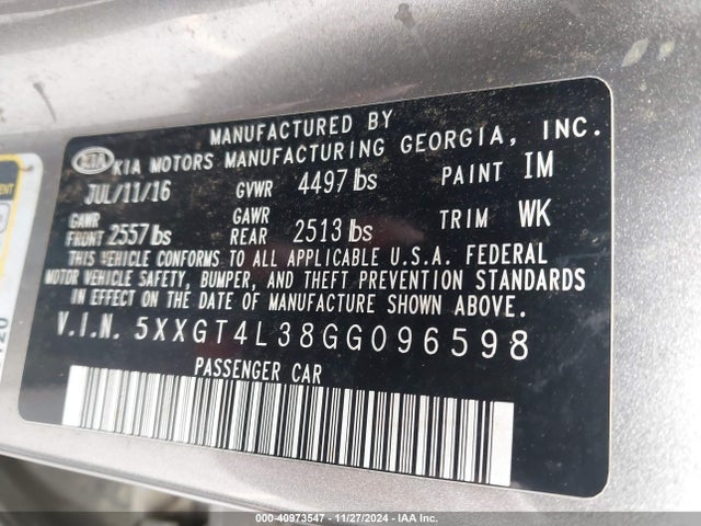 KIA Optima Lx 2016 5XXGT4L38GG096598 Image 9