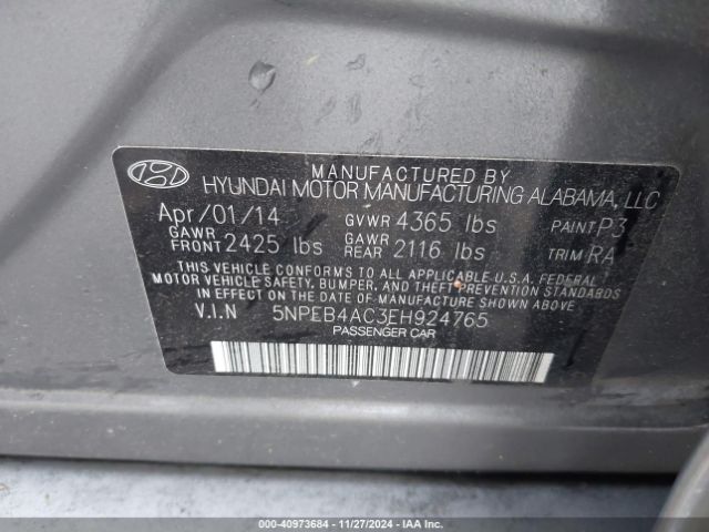 5NPEB4AC3EH924765 Hyundai SONATA GLS