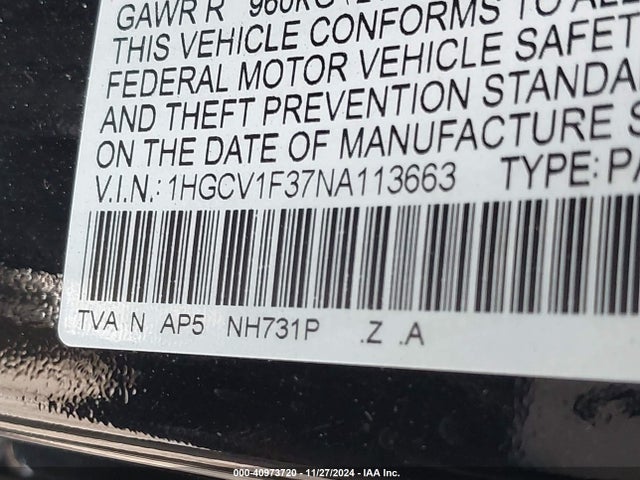 1HGCV1F37NA113663 Honda Accord Sport