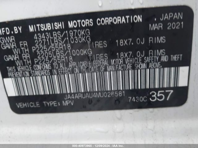 JA4ARUAU4MU026581 Mitsubishi Outlander Sport Es/le/be/se
