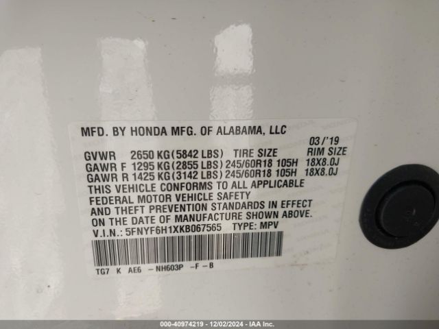5FNYF6H1XKB067565 Honda PILOT LX