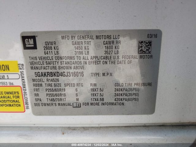 5GAKRBKD4GJ316016 Buick Enclave Leather