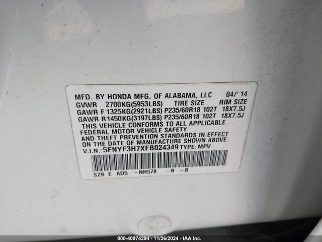 Honda Pilot Ex-l 2014 5FNYF3H7XEB024349 Image 9