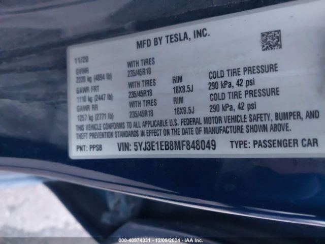 5YJ3E1EB8MF848049 Tesla Model 3 Long Range Dual Motor All-wheel Drive