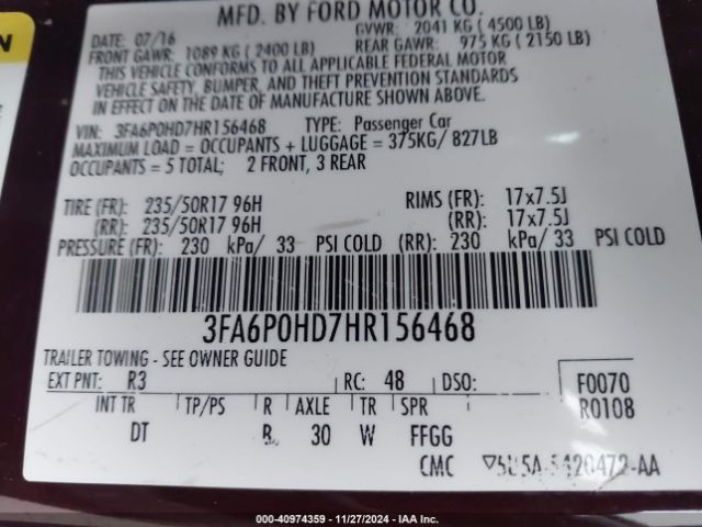 2017 FORD FUSION 3FA6P0HD7HR156468 Photo 8