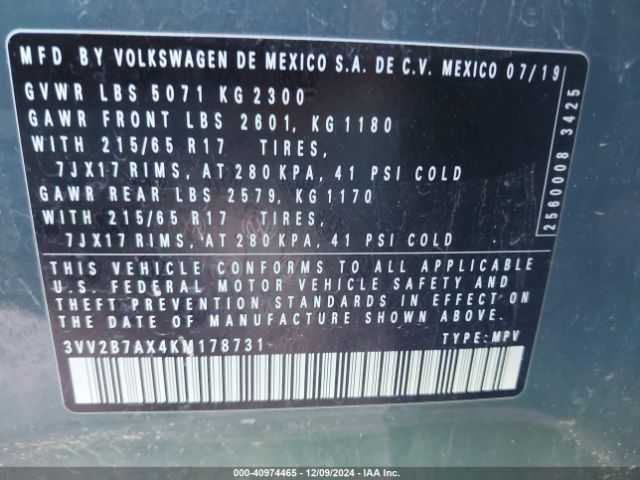 3VV2B7AX4KM178731 Volkswagen Tiguan 2.0t Se/2.0t Sel/2.0t Sel R-line/2.0t Sel R-line Black