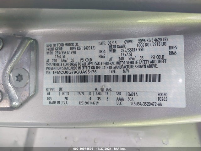 Ford ESCAPE SE 2016 1FMCU0G79GUA95175 Image 9