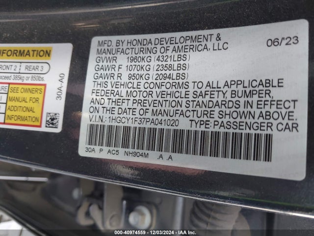 Honda ACCORD EX 2023 1HGCY1F37PA041020 Image 9