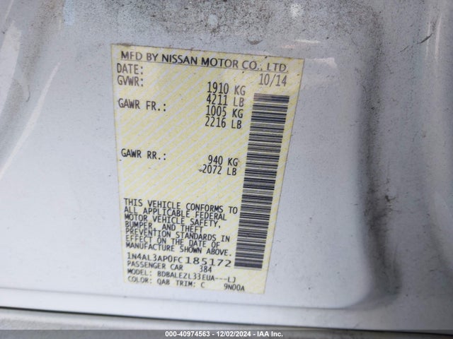 Nissan Altima 2.5 S 2015 1N4AL3AP0FC185172 Image 9