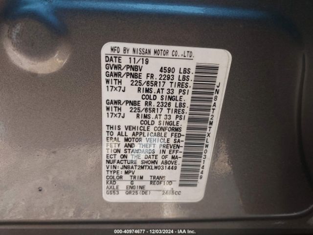 JN8AT2MTXLW031449 Nissan Rogue S Fwd