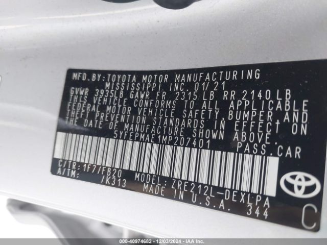 5YFEPMAE1MP207401 Toyota COROLLA LE