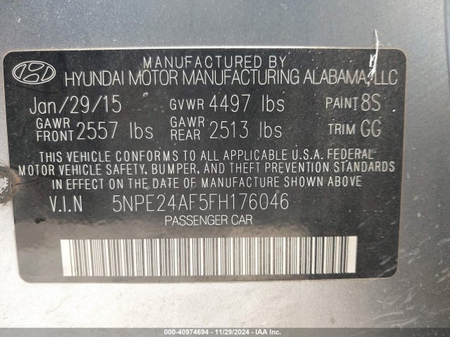 Hyundai SONATA SE 2015 5NPE24AF5FH176046 Image 9