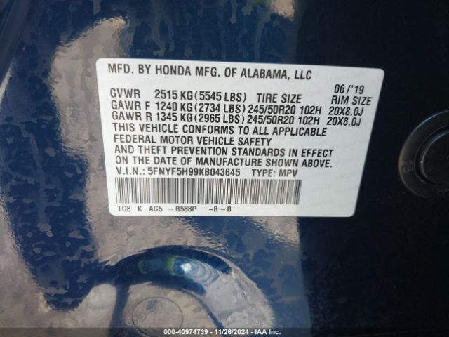 5FNYF5H99KB043645 Honda Pilot Touring