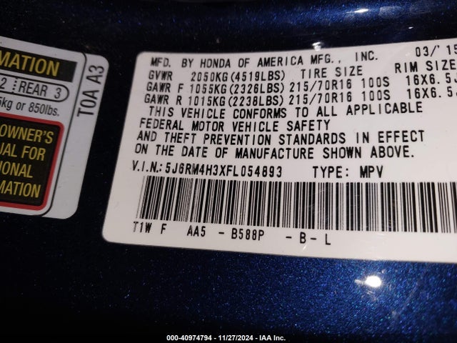 Honda CR-V LX 2015 5J6RM4H3XFL054893 Image 9