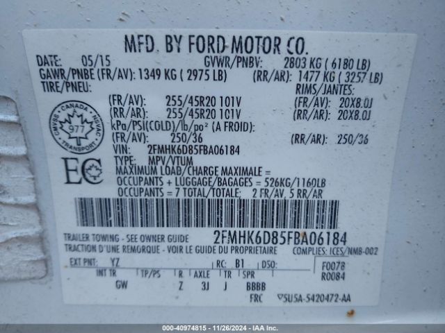 2FMHK6D85FBA06184 Ford Flex Limited