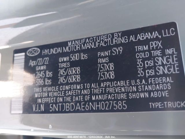 5NTJBDAE6NH027585 Hyundai Santa Cruz Sel
